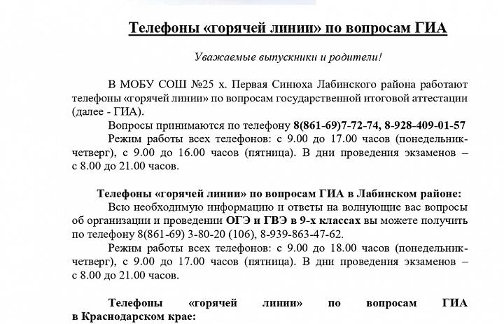 Телефоны горячей линии МОБУ СОШ № 25 и УО Лабинский район по вопросам ГИА 9